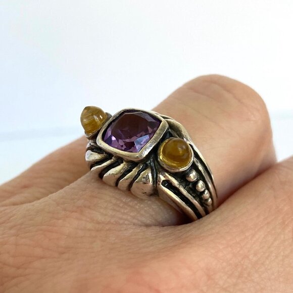 Sterling Silver 925 Cushion Cut Amethyst Double Citrine Wide Band Ring Sz 6.5 - Picture 11 of 16